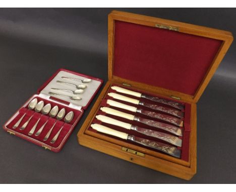 Collection of ten various silver coffee spoons, 3.3oz approx; together with a walnut canteen comprising a case of bone handle