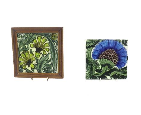 William De Morgan thistle design square tile, impressed factory marks, 6" square (a.f); together with another De Morgan frame