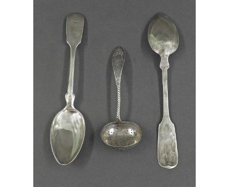 Pair of Continental 0.800 silver fiddle pattern table spoons, 8.5" long, 3.5oz approx; together with a further 19th century S