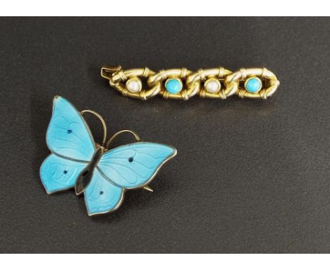 Antique turquoise and pearl brooch, 3.9gm, 40mm; together with an enamel butterfly brooch marked 'Sterling Norway', 33mm wide