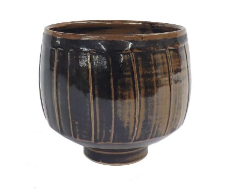 David Leach (1911-2005) - Lowerdown Pottery tenmoku glazed cut sided footed vase, impressed seal marks, 6" high