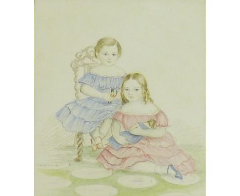 By A* Burns (19th century) - naive portrait study of two seated girls, signed and dated 1847, watercolour, 7.52 x 6.5", eglom