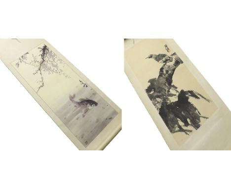 After Gao Quifenf - study of a carp under a wisteria tree, coloured scroll print, 42" x 16.5"; also another black and white C