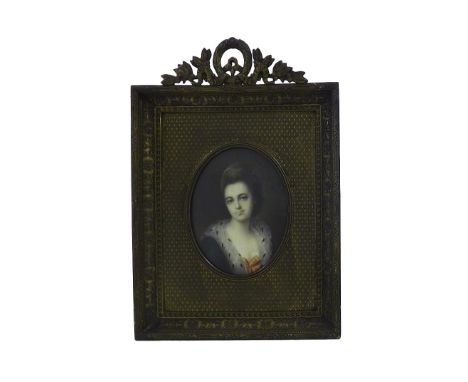 Continental School - portrait of a lady with a fur stole and pearls in her hair, indistinctly signed, work on ivory, oval mou