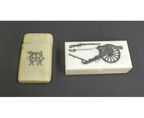 Antique ivory snuff box, the hinged lid etched with an arsenal, 2.75" long; together with a further antique ivory vesta case 