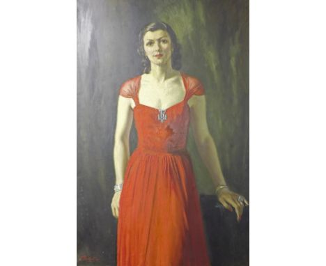 By J* Proudfoot (20th century) - portrait of a lady in a red dress, signed and dated 1940, oil on canvas, 50" x 32.5", framed