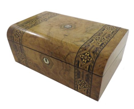 Victorian burr walnut, mother of pearl and parquetry inlaid writing slope, the hinged lid enclosing a purple baize lined slop