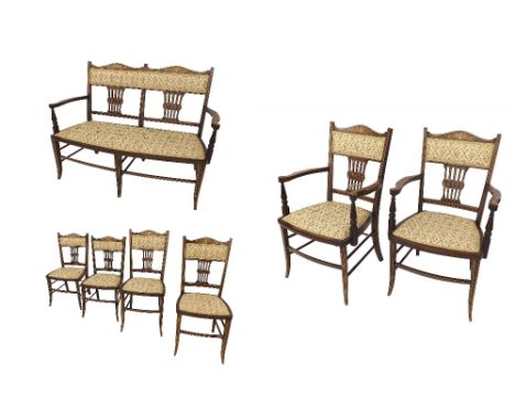 Attractive Edwardian bone and boxwood inlaid seven piece salon suite comprising a two seater couch, two carvers and four sing