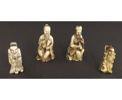 Two similar Japanese carved ivory netsuke in the form of bearded gentlemen, 2.5" and 2" high respectively and a pair of Chine