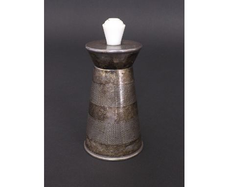 1960s silver engine turned pepper mill with faux ivory knop, maker JC Limited, Birmingham 1960, 4.25" high