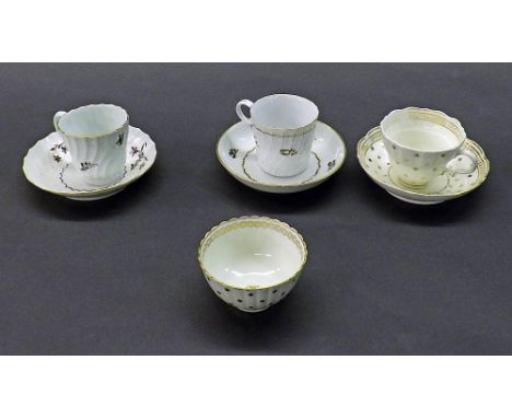Caughley twenty flutes cup and saucer; Caughley twenty-eight flutes cup and saucer; also a Caughley tea bowl and another cup 