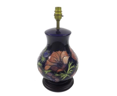 Moorcroft 'Anemone' baluster table lamp decorated upon a blue ground, the base excluding the light fitting 10" high