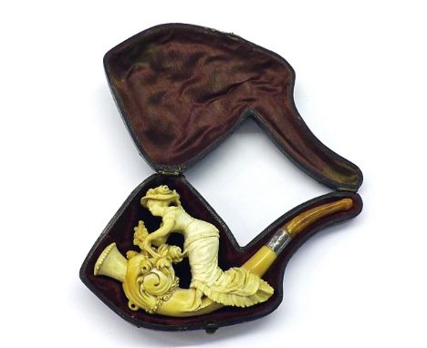 Meerschaum pipe carved with a lady modelled picking flowers, 5.5" long