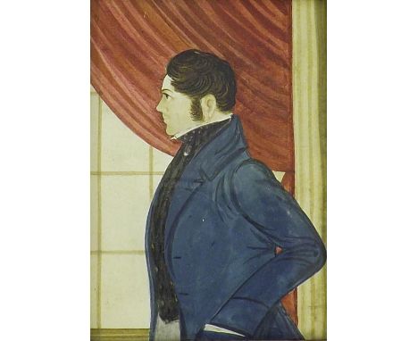 American School - half length portrait of a gentleman looking out of a window, watercolour, 4" x 2.75", framed