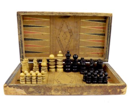 19th century ebony and boxwood chess set, height of king 7.6cm, within a gilt tooled leather backgammon box (a.f)