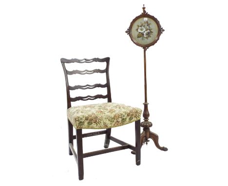 Chippendale style ladder back stuffover dining chair, with broad studded seat, 22" wide; together with 19th century beadwork 