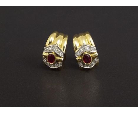 Pair of 18k ruby and diamond yellow gold earrings, 7.8gm, 16mm x 9mm