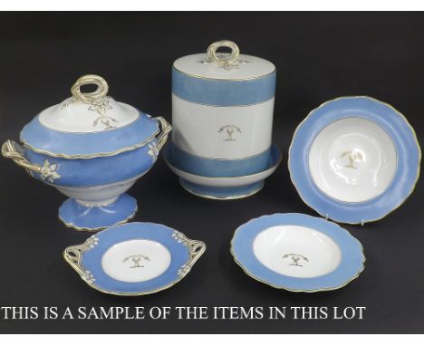 Extensive 19th century English porcelain tea and dinner service, comprising various tureens, plates, dishes etc, each with gi