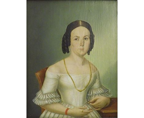 English School - half length portrait of a lady in a white dress with ringlets in her hair holding a key, oil on panel, 9" x 