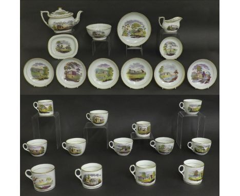 Newhall early 19th century tea and coffee service with coloured print and painted number 984, comprising teapot, cover and st