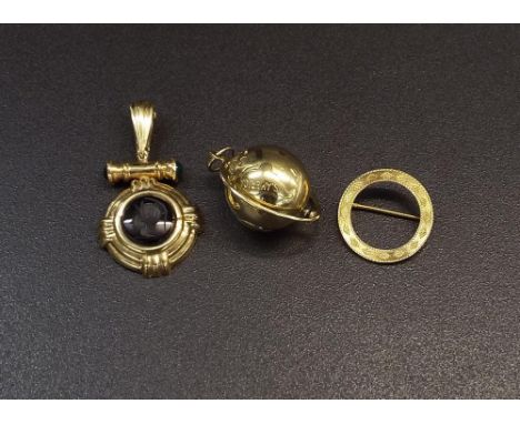 14k globe pendant, 14k intaglio drop pendant and a 14k brooch, 15gm (3)