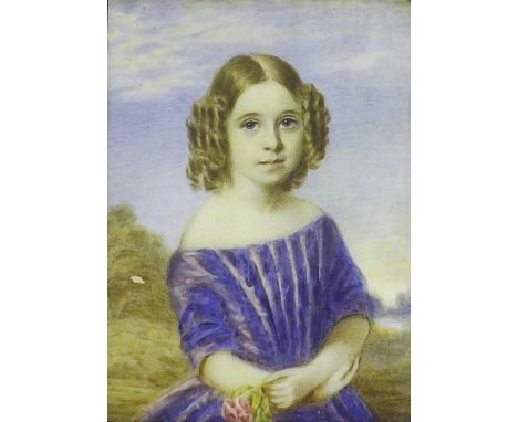 English School - half length portrait of a girl in a blue dress holding a rose, work on ivory, 4" x 3", framed