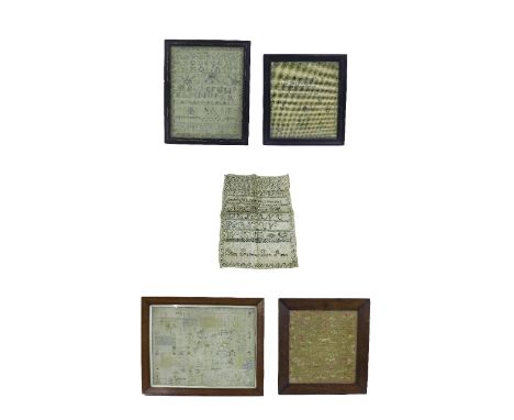 Mid 19th century sampler by Ann Laidlaw, age 9, 12" x 11", framed; together with three further framed samplers and an unframe