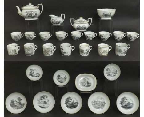 Newhall early 19th century English part tea service, bat printed with landscapes (damages); together with seven Newhall bat p