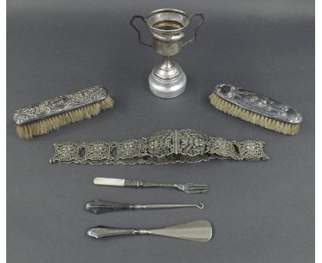 Mixed lot of silver and white metal to include silver twin handled trophy fitted onto a cast aluminium base, two silver toppe
