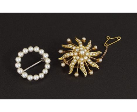 Antique yellow gold pearl star pendant/brooch with safety chain, 30mm; with a 9ct white gold circular openwork cultured pearl