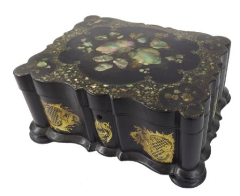 Victorian papier mache mother of pearl inlaid serpentine jewellery casket, the hinged lid with floral sprays over a frieze wi