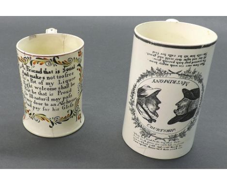 English creamware tankard printed in black and white with an oval portrait titled 'Courtship and Matrimony' with opposing vis