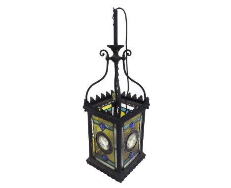 Attractive square hall lantern, fitted with four leaded glass coloured panels with central prismatic medallion, 24" high