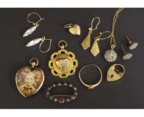 Mixed lot -  9ct fob medallion, pair of cluster earrings and pendant on chain, 9ct padlock clasp, 9ct ring, locket pendant, t