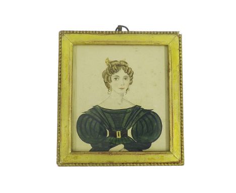 American School - half length portrait of a lady with ringlets in her hair and puffed sleeves, watercolour, 4" x 3.5", framed