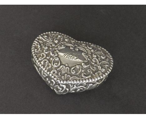 Victorian silver embossed heart shaped trinket box, heavily embossed with scrolled foliage, maker Henry Matthews, Birmingham 