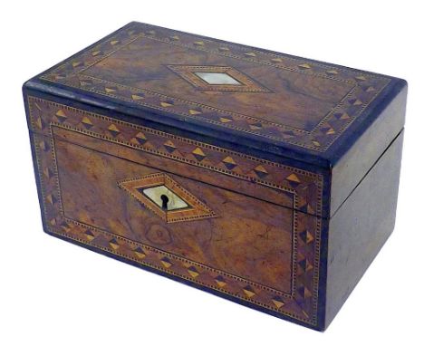 Victorian burr walnut and mother of pearl inlaid parquetry tea caddy, the hinged lid enclosing two lidded compartments, 8" wi