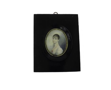 English School - bust portrait of a girl in white wearing a red necklace and pendant, work on ivory, 2.75" x 2", framed