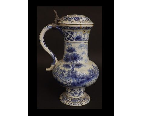 Antique Delft lidded blue and white stein, decorated with a romantic garden scene and with ships to the lid, marked with a ci