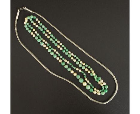 Jade and cultured pearl bead necklet, 36" long; with a white metal necklet (2)