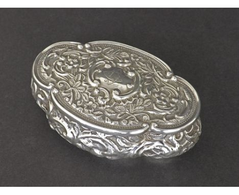 Edwardian silver serpentine embossed trinket dish, decorated with scrolled foliage, maker marks worn, Birmingham 1902, 4" lon