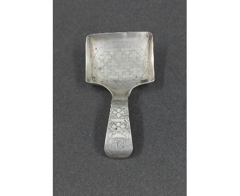 George III silver caddy spoon, the bowl engraved with chequer board decoration and flowers up the handle, maker Cocks & Bettr