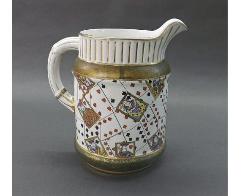 Unusual 19th century ale house jug, printed with playing card suits with a one duty shilling card within gilt borders, 9.5" h