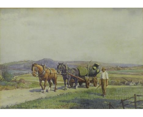 By William R*.E* Goodrich (1887-1956) - 'Crookesmoor, Sheffield', a farm worker with a horse-drawn cart pulling a large tree 