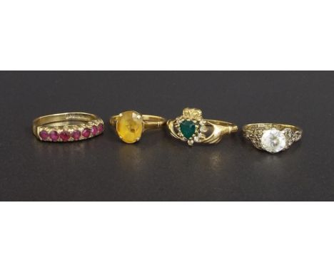 Four 9ct stone set rings including ruby, citrine and paste 9.1gm (4)