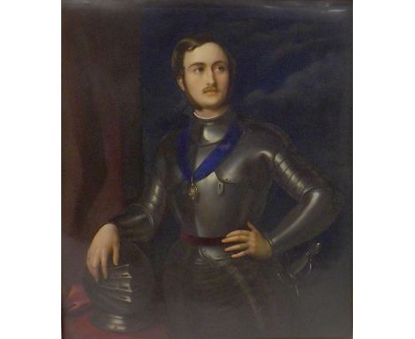 English School - portrait of Prince Albert in armour, work on porcelain, 12" x 10", pierced giltwood frame