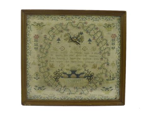 Early 19th century sampler by Jane Allan Stockton aged 10 years, decorated with birds in a nest above text, with scrolled fol