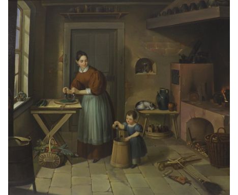 By R* Kohler (Continental School) - interior kitchen scene with mother and daughter, signed, oil on canvas, 21" x 24", framed