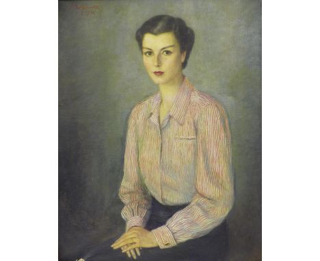 By S* Rodzinko (Eastern European 20th century) - half length portrait of a seated lady in a striped blouse, signed and dated 