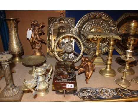 Metalware to include brass candlesticks, trays, fire tools, mirror etc